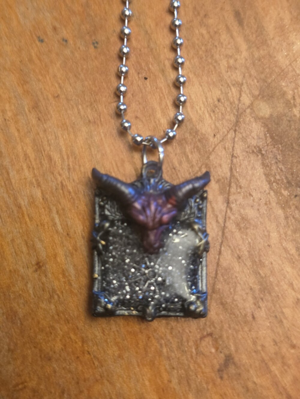 Gothic Purple Demon Pendant W Glitter Belly On Silver-Tone Chain Necklace